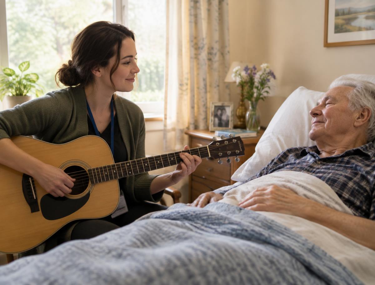 Music therapist playing guitar for a hospice patient